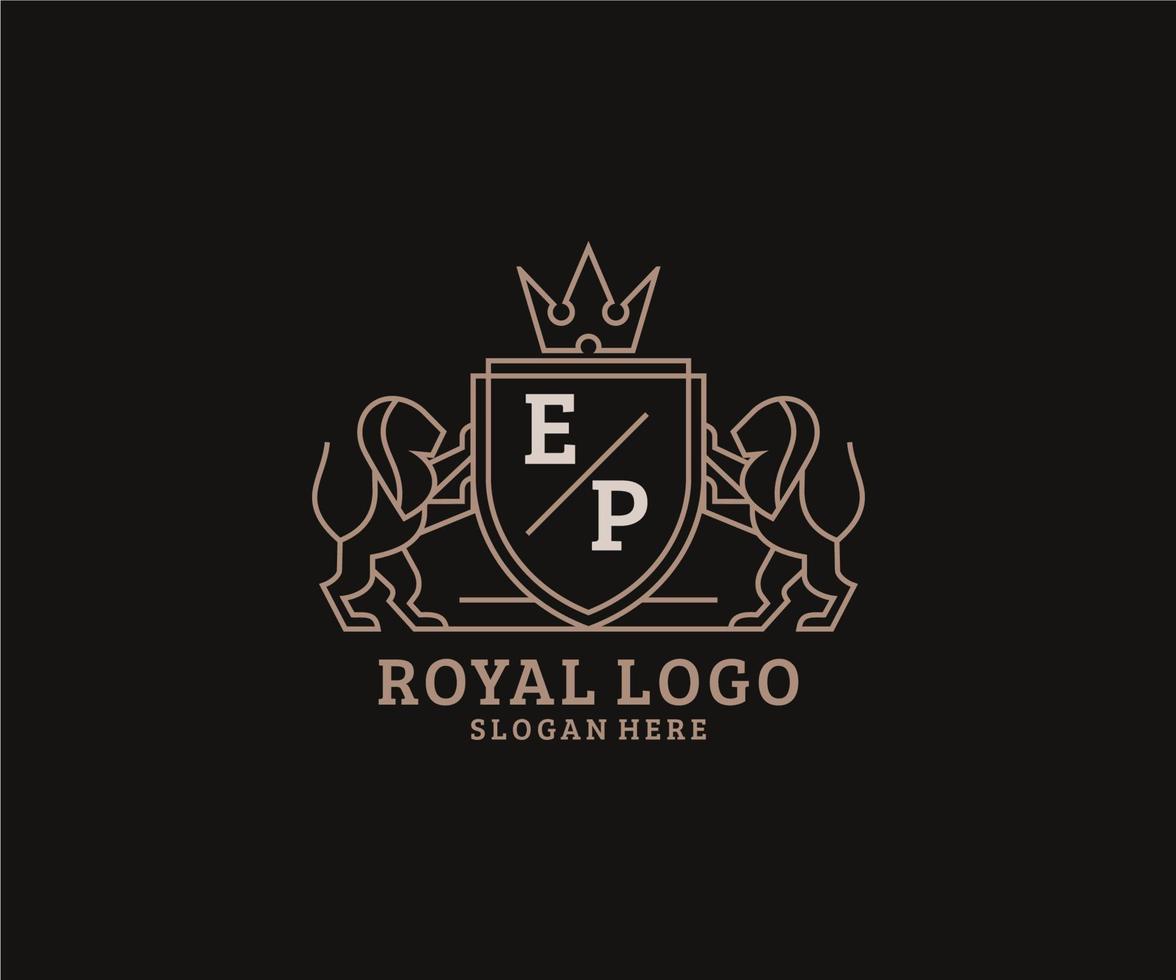 Initial EP Letter Lion Royal Luxury Logo template in vector art for Restaurant, Royalty, Boutique, Cafe, Hotel, Heraldic, Jewelry, Fashion and other vector illustration.