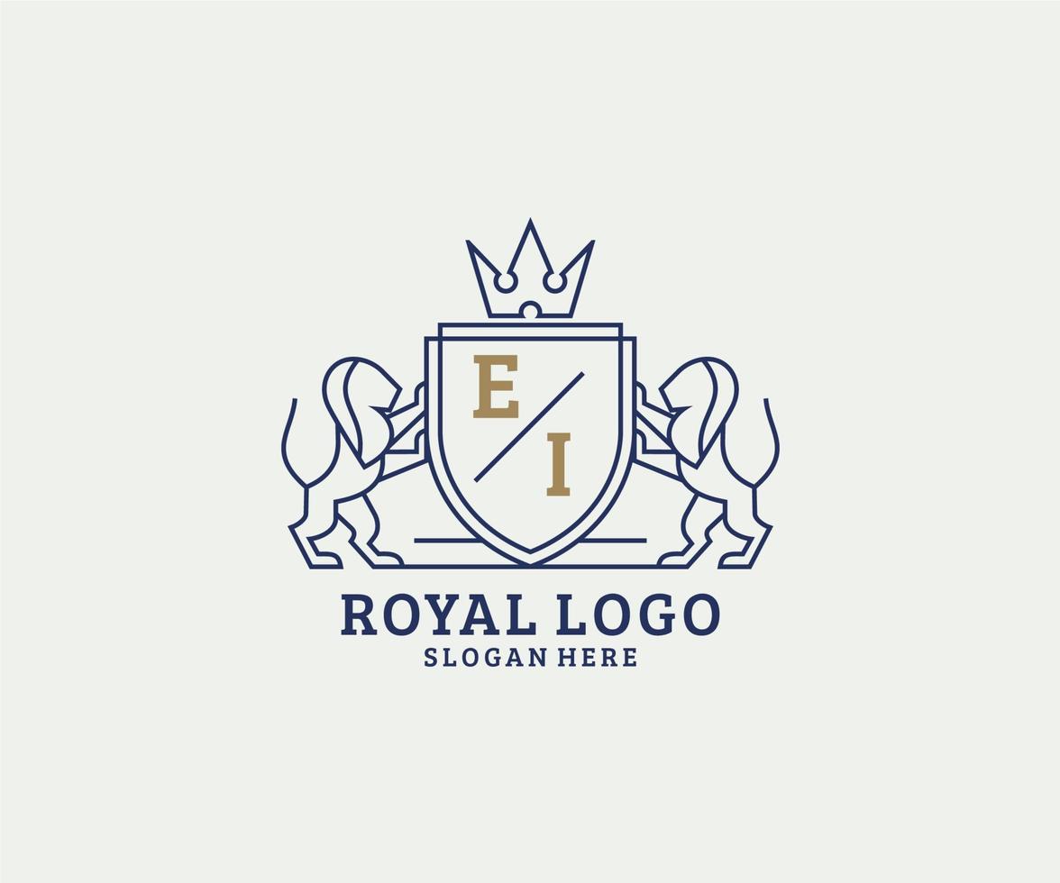 Initial EI Letter Lion Royal Luxury Logo template in vector art for Restaurant, Royalty, Boutique, Cafe, Hotel, Heraldic, Jewelry, Fashion and other vector illustration.