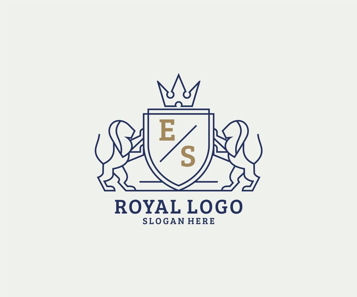 Initial ES Letter Lion Royal Luxury Logo template in vector art for Restaurant, Royalty, Boutique, Cafe, Hotel, Heraldic, Jewelry, Fashion and other vector illustration.