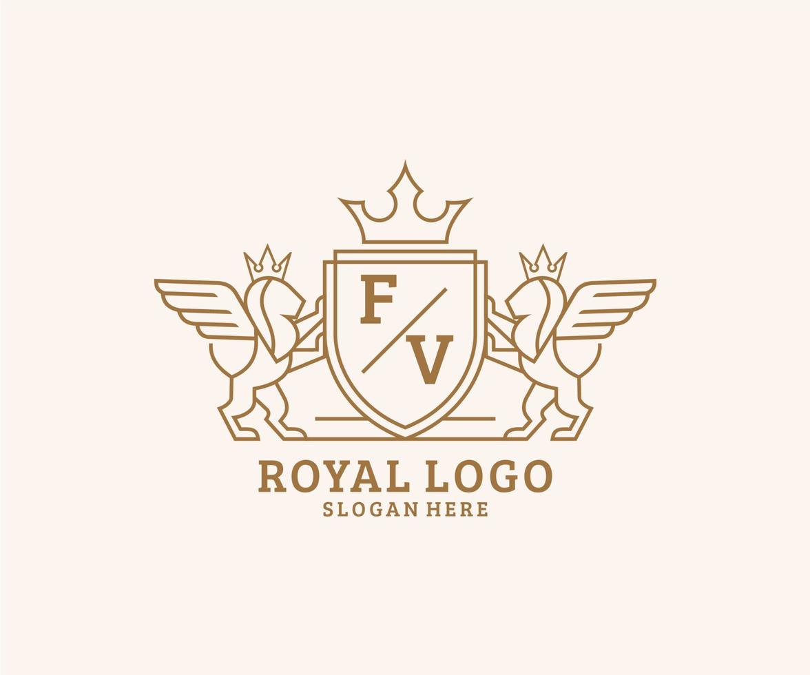 Initial FV Letter Lion Royal Luxury Heraldic,Crest Logo template in vector art for Restaurant, Royalty, Boutique, Cafe, Hotel, Heraldic, Jewelry, Fashion and other vector illustration.