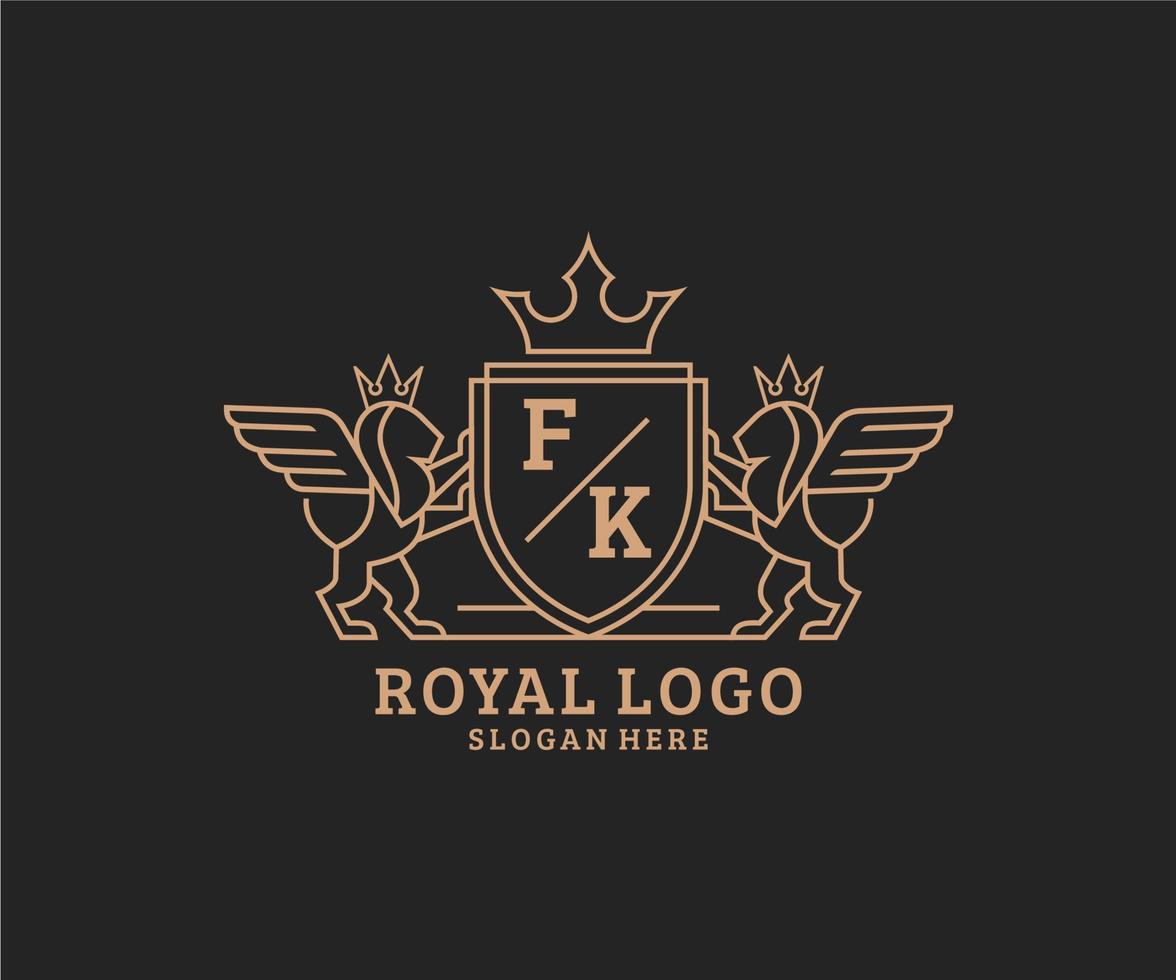 Initial FK Letter Lion Royal Luxury Heraldic,Crest Logo template in vector art for Restaurant, Royalty, Boutique, Cafe, Hotel, Heraldic, Jewelry, Fashion and other vector illustration.