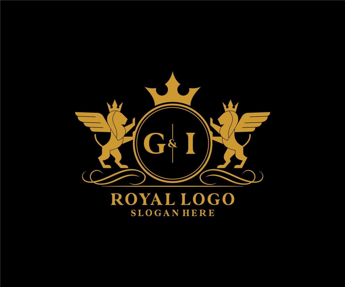 Initial GI Letter Lion Royal Luxury Heraldic,Crest Logo template in vector art for Restaurant, Royalty, Boutique, Cafe, Hotel, Heraldic, Jewelry, Fashion and other vector illustration.