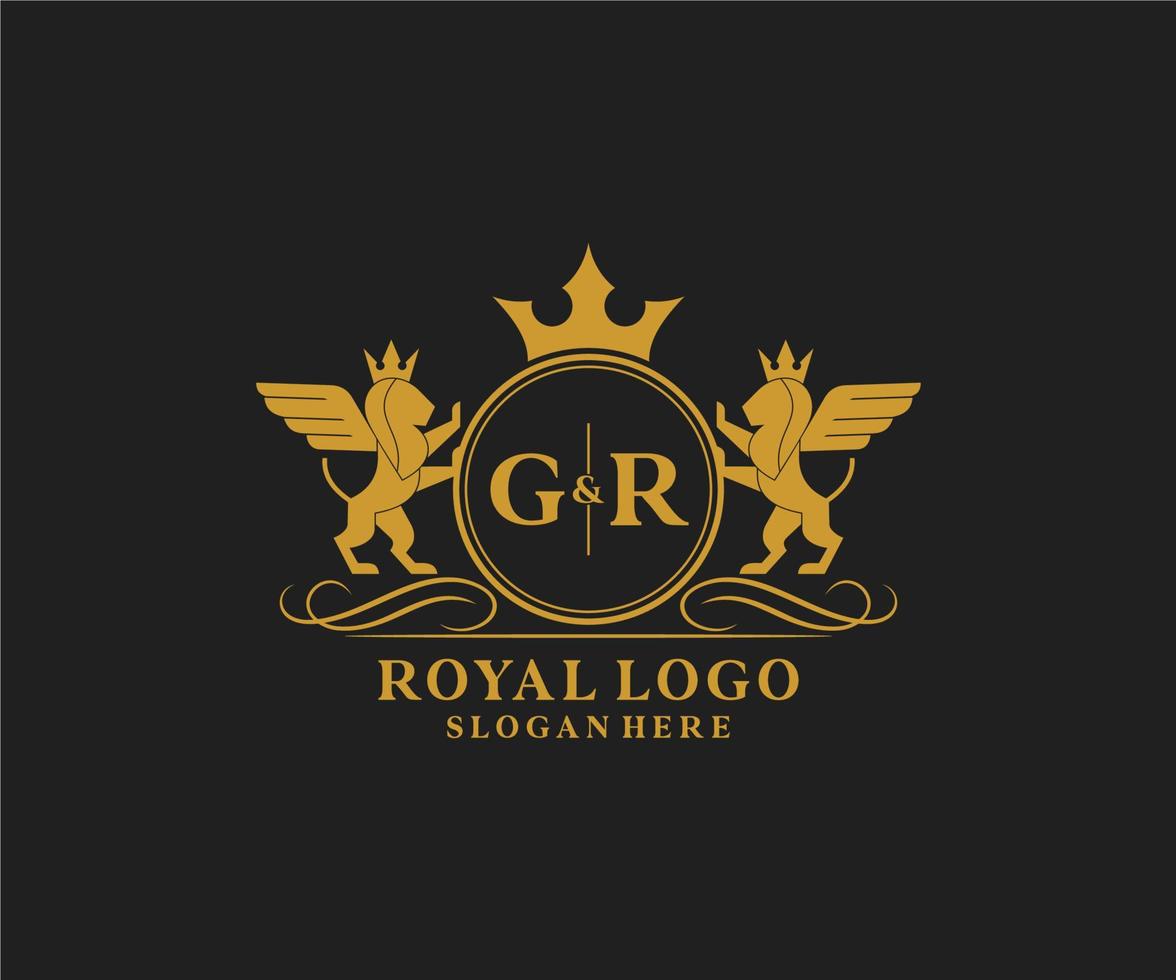 Initial GR Letter Lion Royal Luxury Heraldic,Crest Logo template in vector art for Restaurant, Royalty, Boutique, Cafe, Hotel, Heraldic, Jewelry, Fashion and other vector illustration.