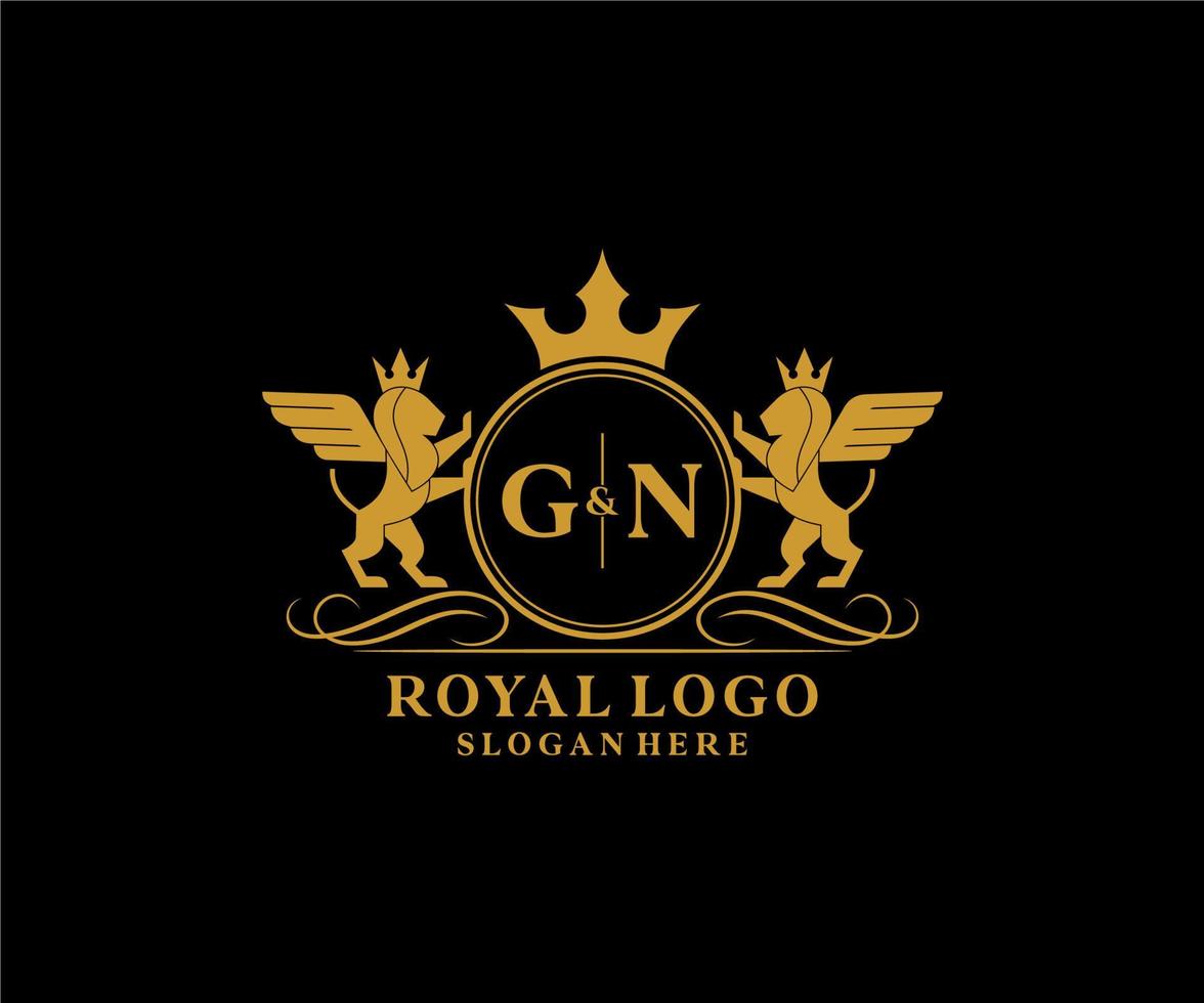 Initial GN Letter Lion Royal Luxury Heraldic,Crest Logo template in vector art for Restaurant, Royalty, Boutique, Cafe, Hotel, Heraldic, Jewelry, Fashion and other vector illustration.