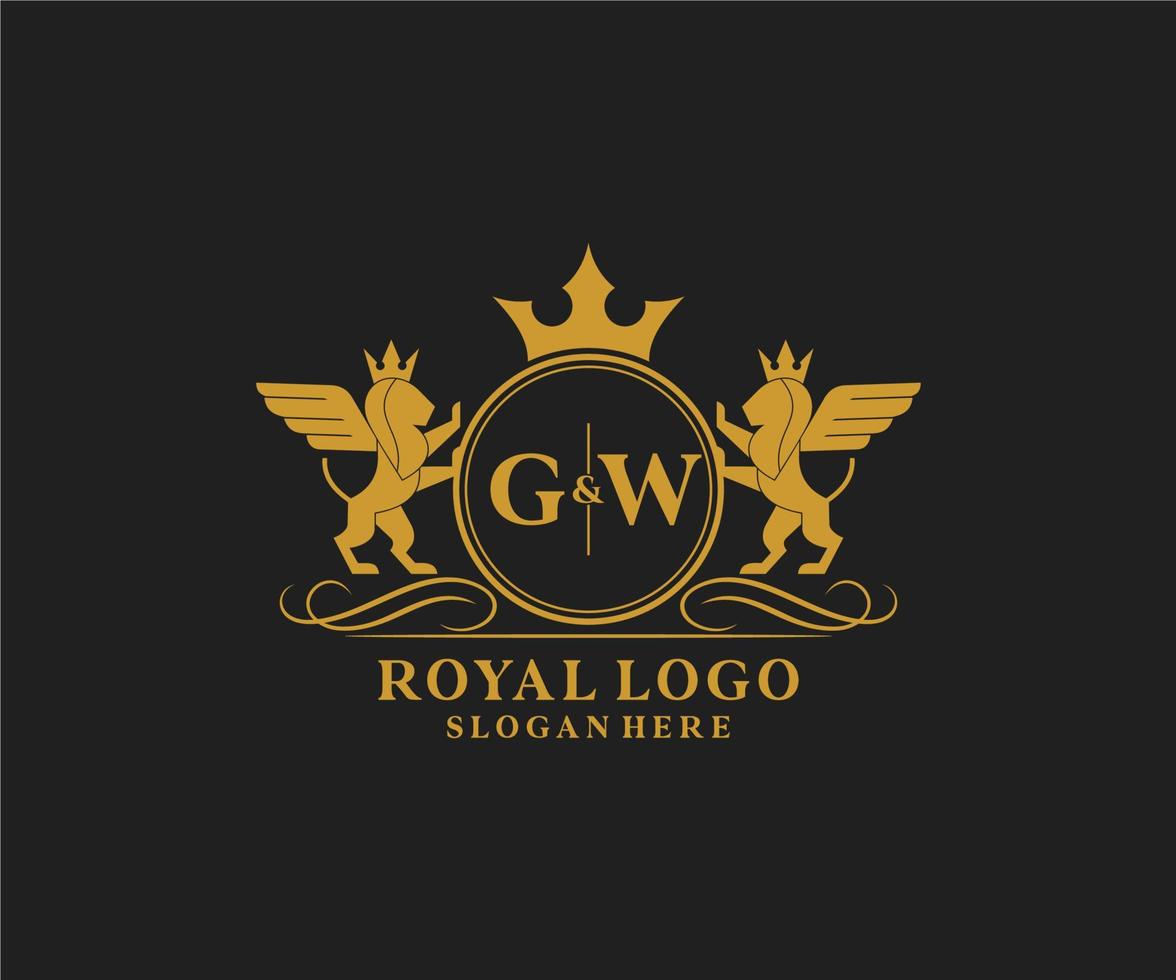 Initial GW Letter Lion Royal Luxury Heraldic,Crest Logo template in vector art for Restaurant, Royalty, Boutique, Cafe, Hotel, Heraldic, Jewelry, Fashion and other vector illustration.