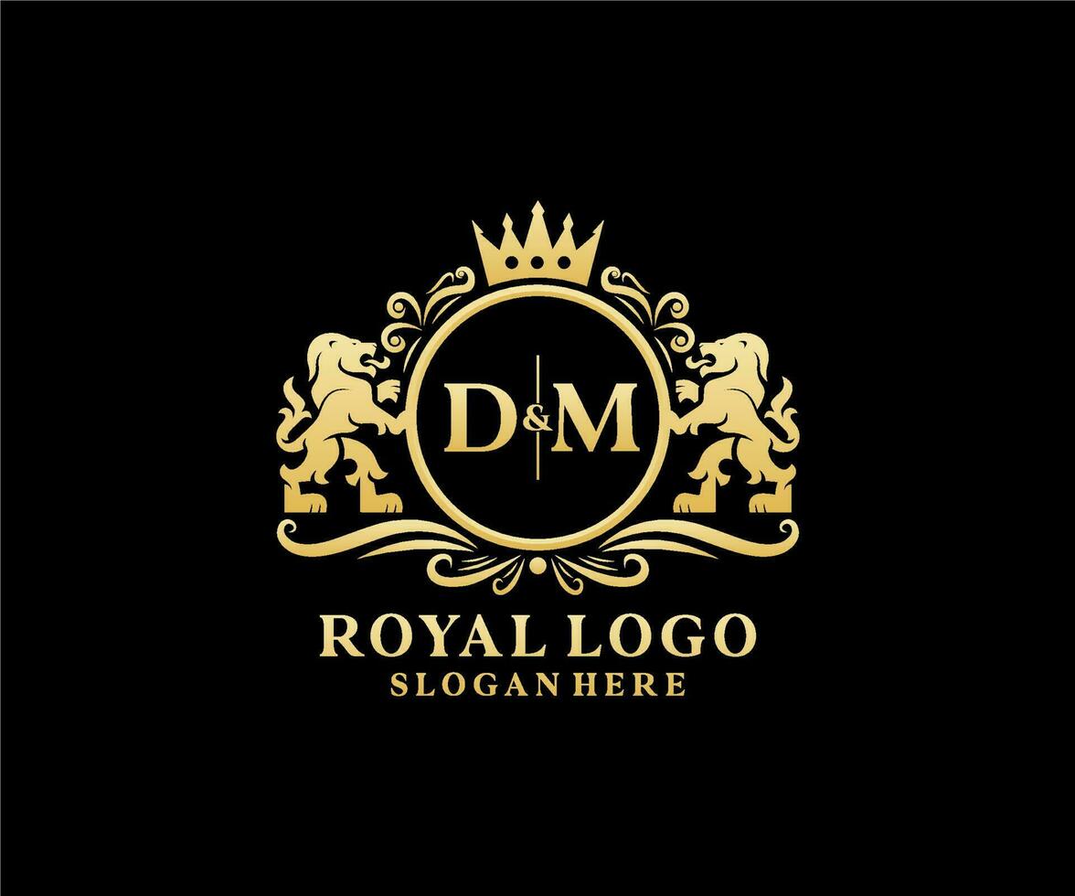 Initial DM Letter Lion Royal Luxury Logo template in vector art for Restaurant, Royalty, Boutique, Cafe, Hotel, Heraldic, Jewelry, Fashion and other vector illustration.