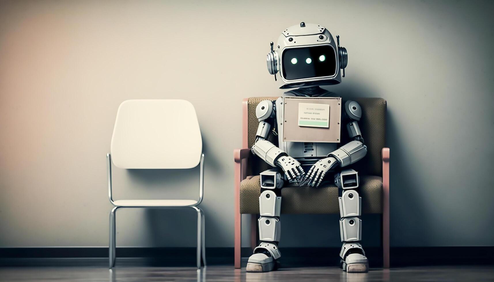 AI robot waiting on chair for a job interview, photo