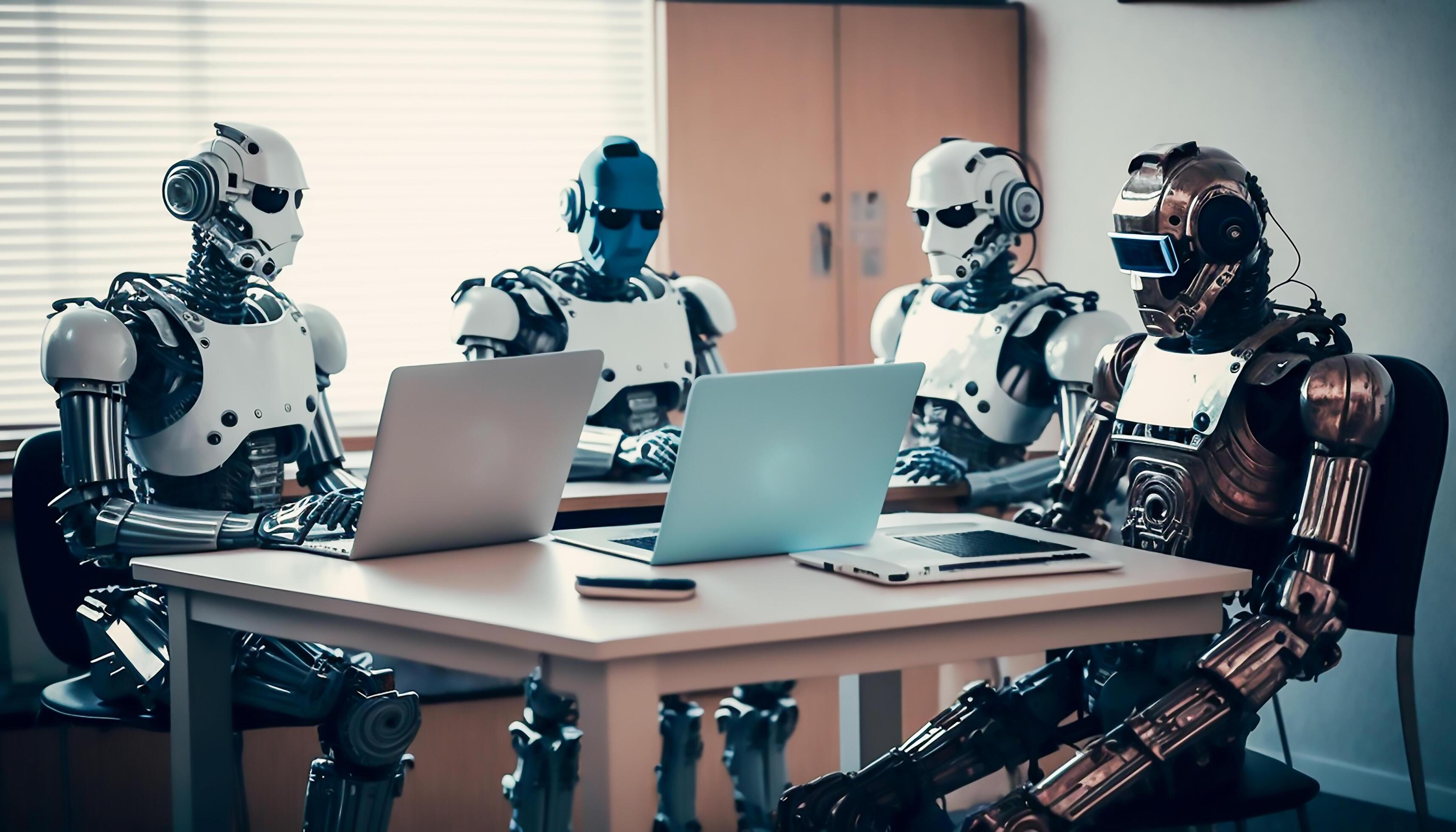 AI robots meeting and working on laptop on table in office, 21870590