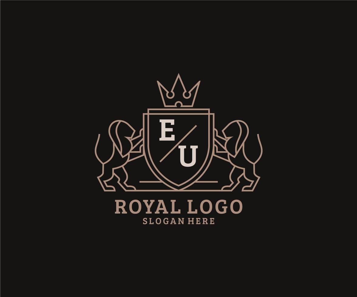 Initial EU Letter Lion Royal Luxury Logo template in vector art for Restaurant, Royalty, Boutique, Cafe, Hotel, Heraldic, Jewelry, Fashion and other vector illustration.