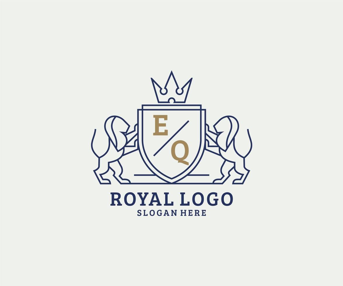 Initial EQ Letter Lion Royal Luxury Logo template in vector art for Restaurant, Royalty, Boutique, Cafe, Hotel, Heraldic, Jewelry, Fashion and other vector illustration.