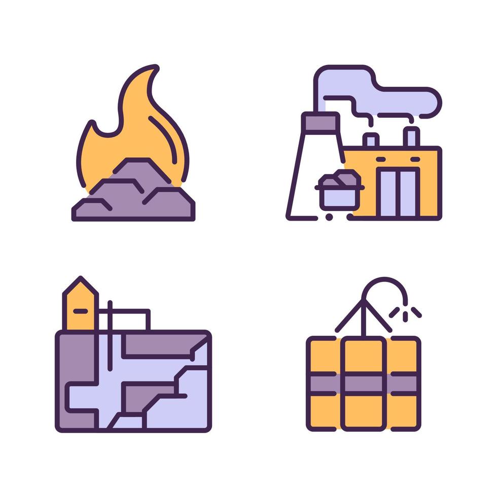 Coal processing pixel perfect RGB color icons set. Fossil fuel power plant. Coal combustion. Energy generation. Isolated vector illustrations. Simple filled line drawings collection. Editable stroke