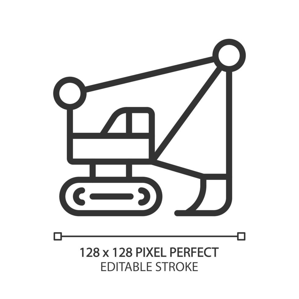 Dragline excavator pixel perfect linear icon. Large heavy equipment machine. Strip mining industry. Motor vehicle. Thin line illustration. Contour symbol. Vector outline drawing. Editable stroke