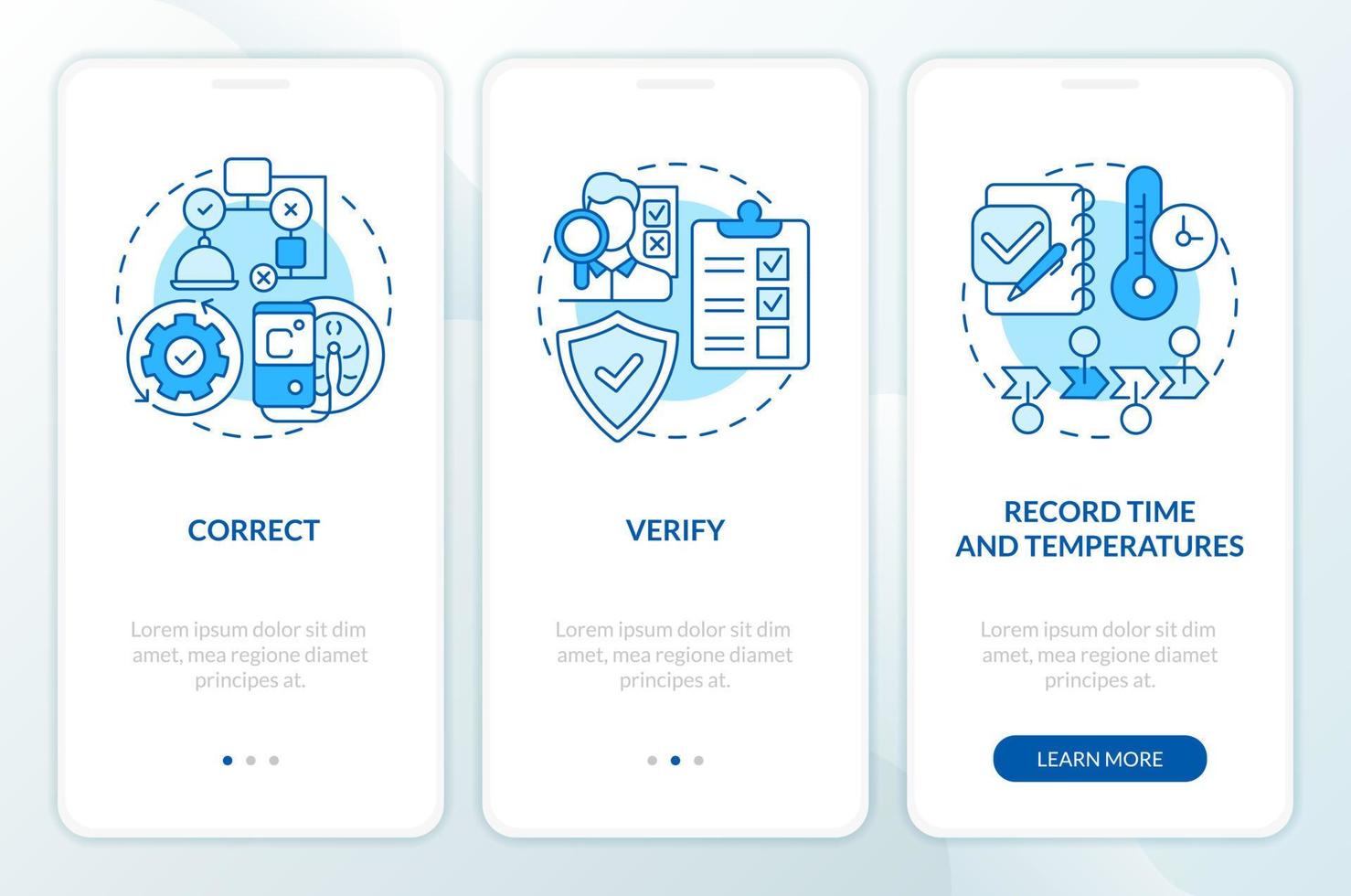 HACCP in work blue onboarding mobile app screen. Food control walkthrough 3 steps editable graphic instructions with linear concepts. UI, UX, GUI template vector