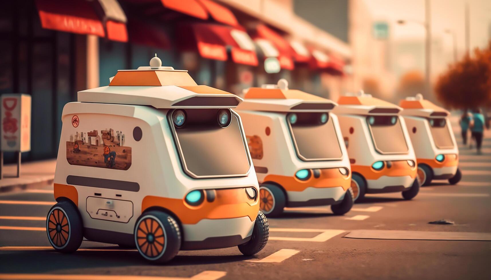 Autonomous robots deliver food to customers on road in city, photo