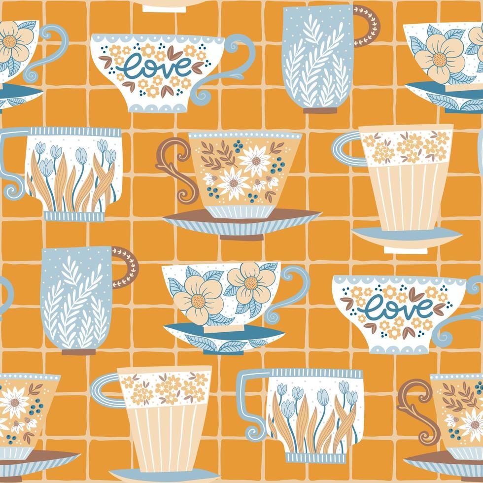 Vector seamless pattern with colorful painted tea cups