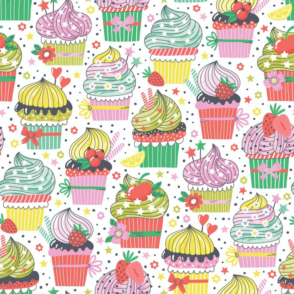 Vector seamless pattern with cute hand-drawn cupcakes