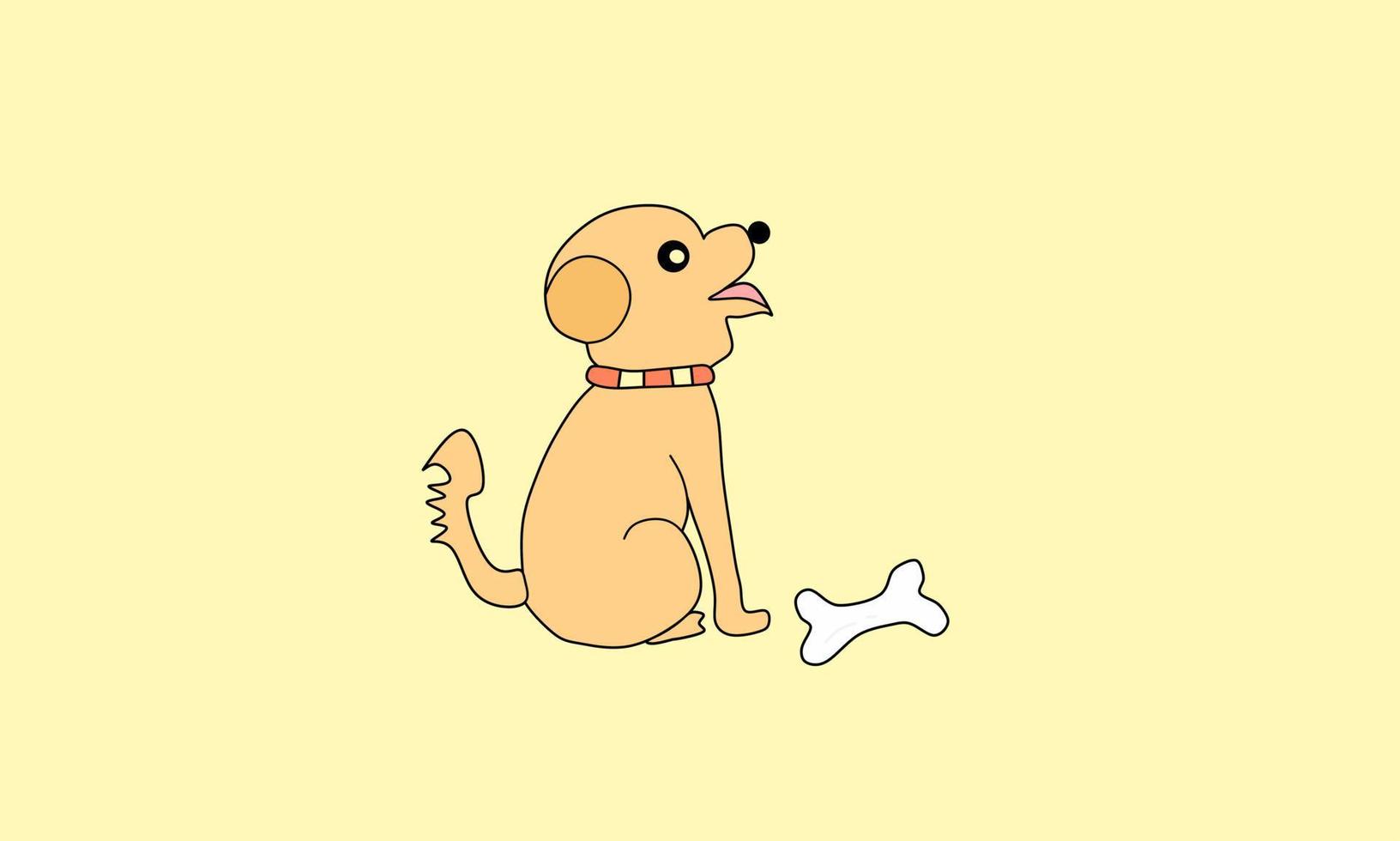 Vector illustration isolated on yellow background. Little dog sitting there barking. With a necklace around the neck. Packed with fresh bones.