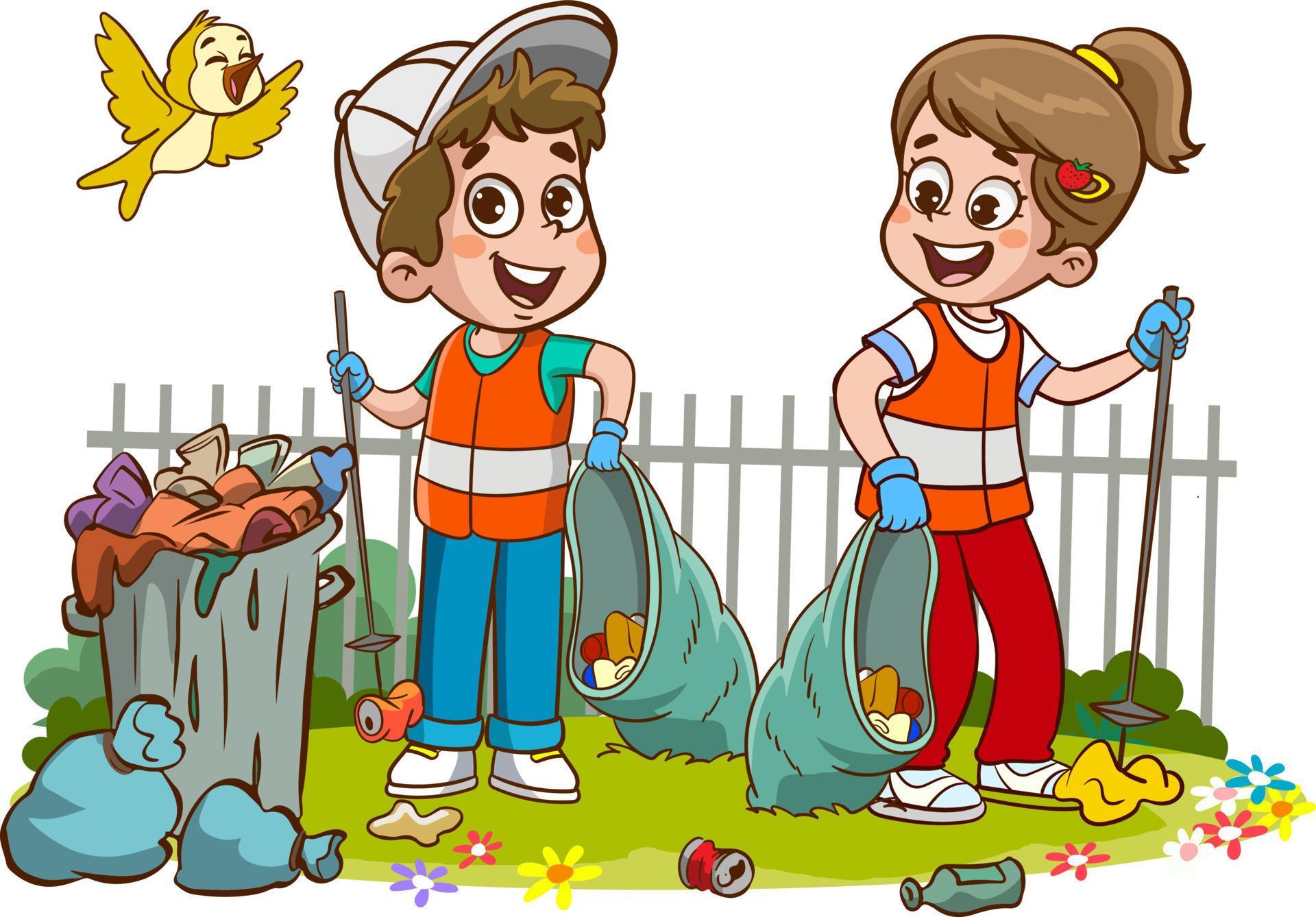 children cleaning the environment from garbage cartoon vector 21872846
