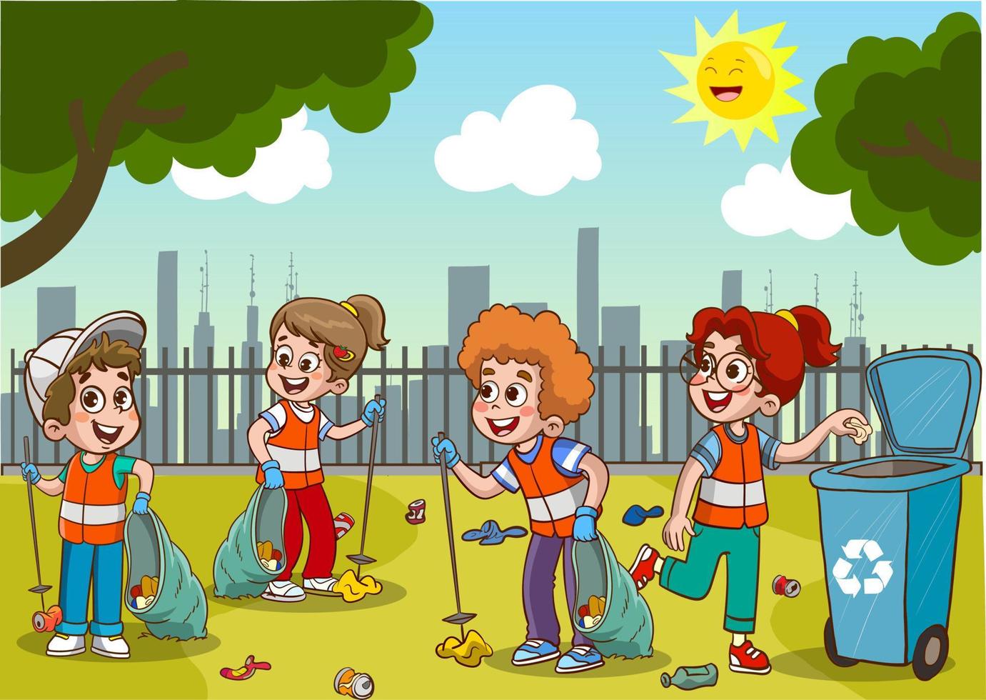 children cleaning the environment from garbage cartoon vector