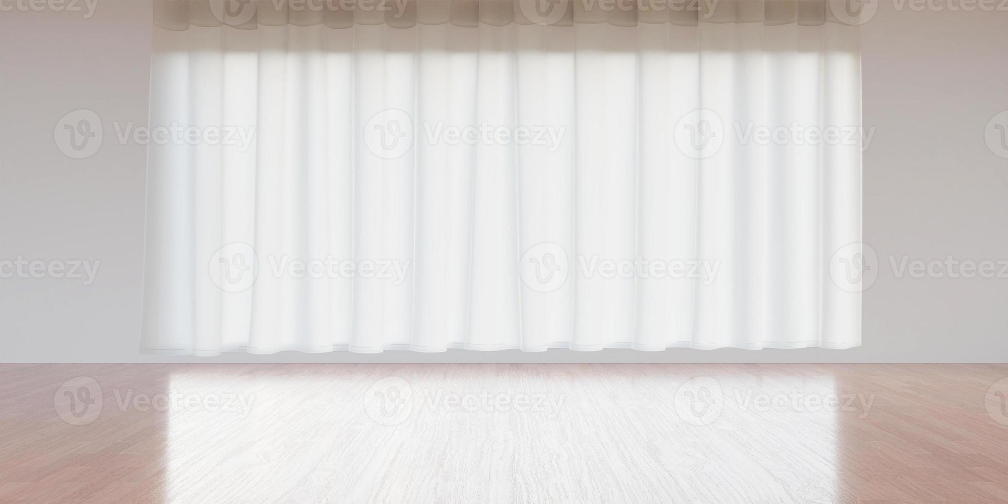 Wooden floors and walls Curtains and large windows wide open room There is a large glass window 3D illustration photo