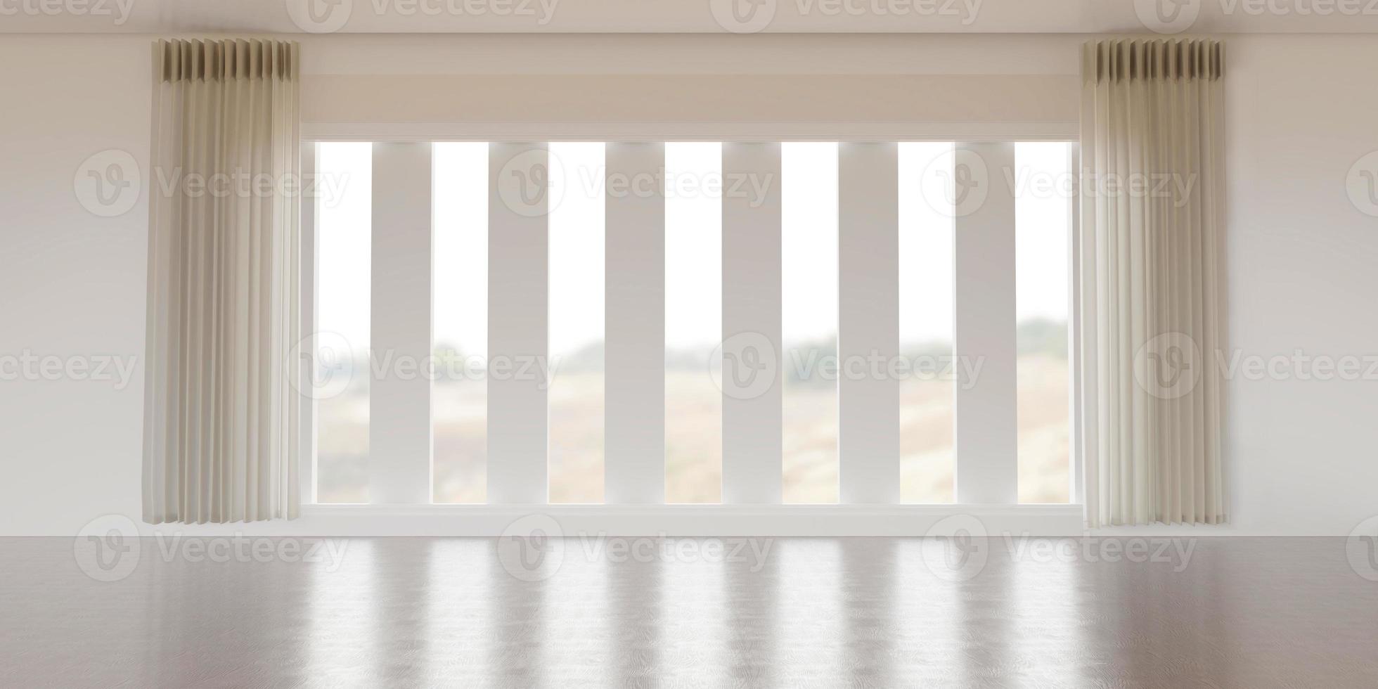 Wooden floors and walls Curtains and large windows wide open room There is a large glass window 3D illustration photo