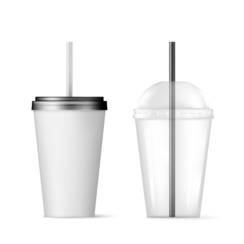 el plastico transparente desechable taza con negro Paja para cóctel y desechable envase con negro tapa para hielo beber. vector ilustración aislado en blanco antecedentes