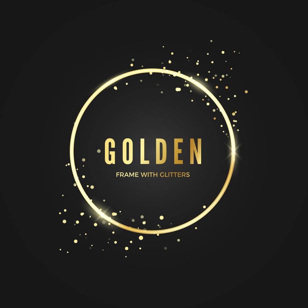 Golden Circle Frame template with glitter effect for banner and poster. Gold frame with space for text.  Vector illustration isolated on dark background