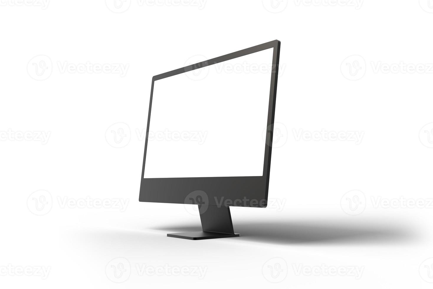 Black computer display on white suraface with shadow. Isolated screen for design promotion photo