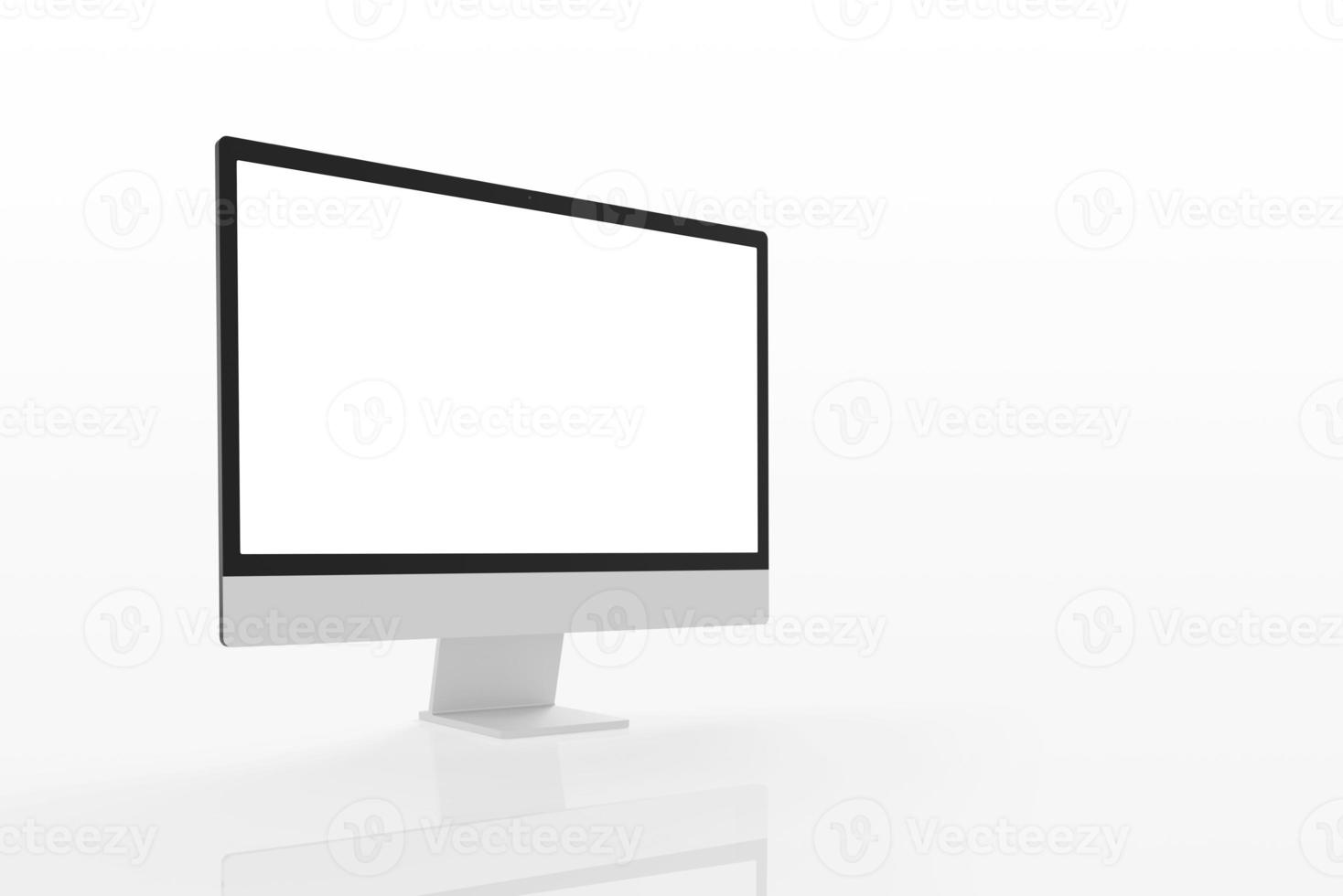 Modern computer display on white surface with reflection. Isolated screen for web page mockup promotion photo