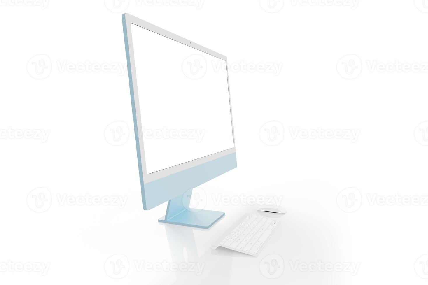 Blue display mockup on a clean white background with keyboard and mouse beside. Side view photo