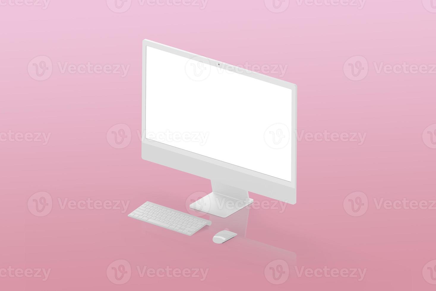 Isometric white display, keyboard and mouse on pink suirface. Isolated screen for mockup, app or web page presentation photo