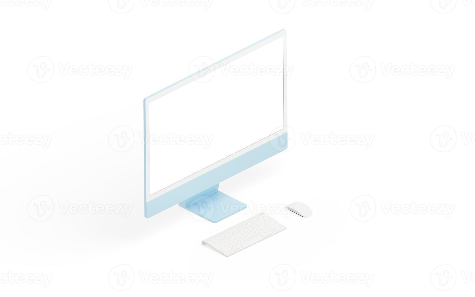 Modern computer display, keyboard and mouse on white surface. Isometric position. Isolated screen for mockup photo