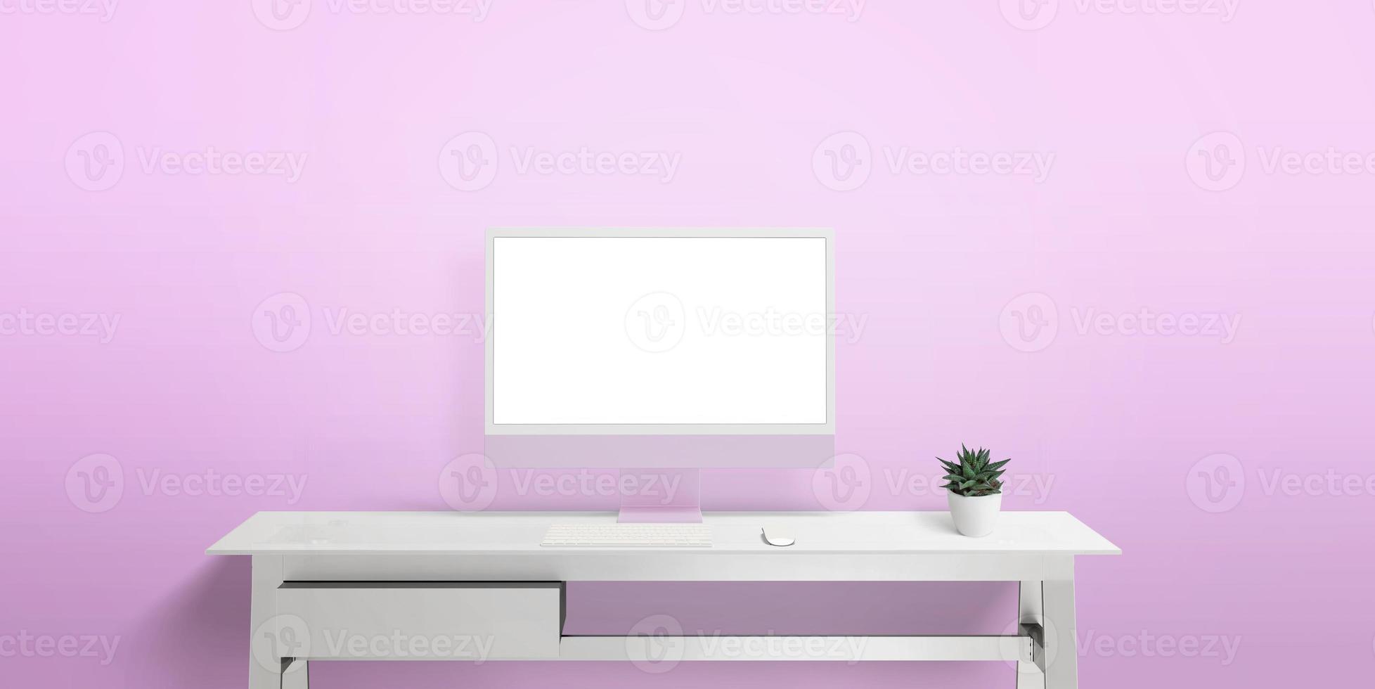 Computer display on white work desk with isolated screen for web page presentation. Pink wall with copy space in background photo