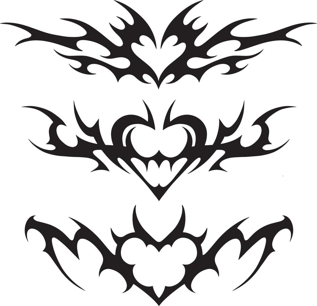 Neo tribal y2k tattoo with heart shape. Cyber sigilism style hand drawn ornaments. Vector illustration of black gothic tribal tattoo designs