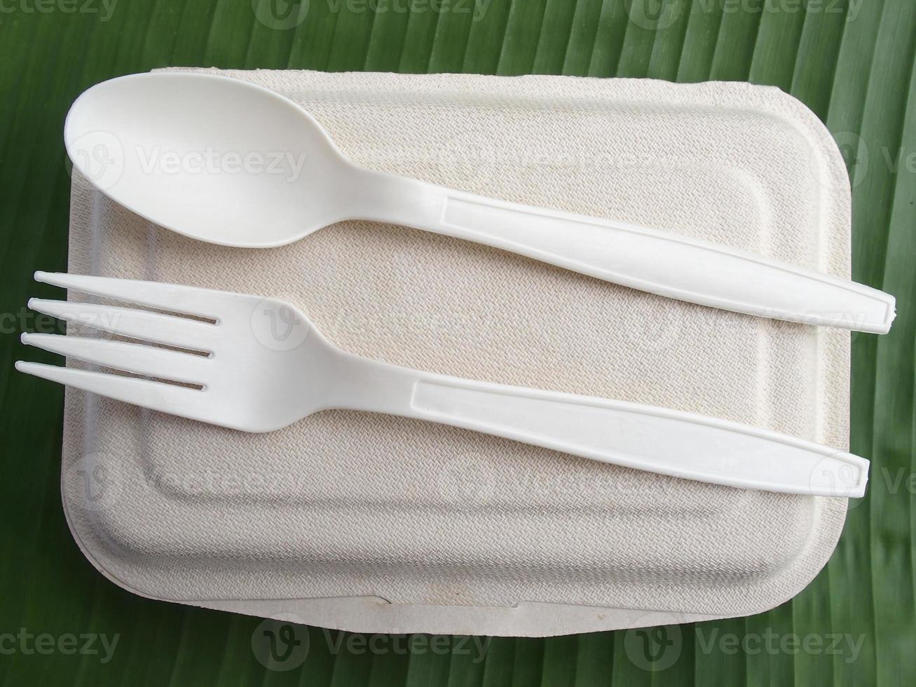 Bio Plastic spoon and fork on natural fiber lunch box on green banana leaf photo