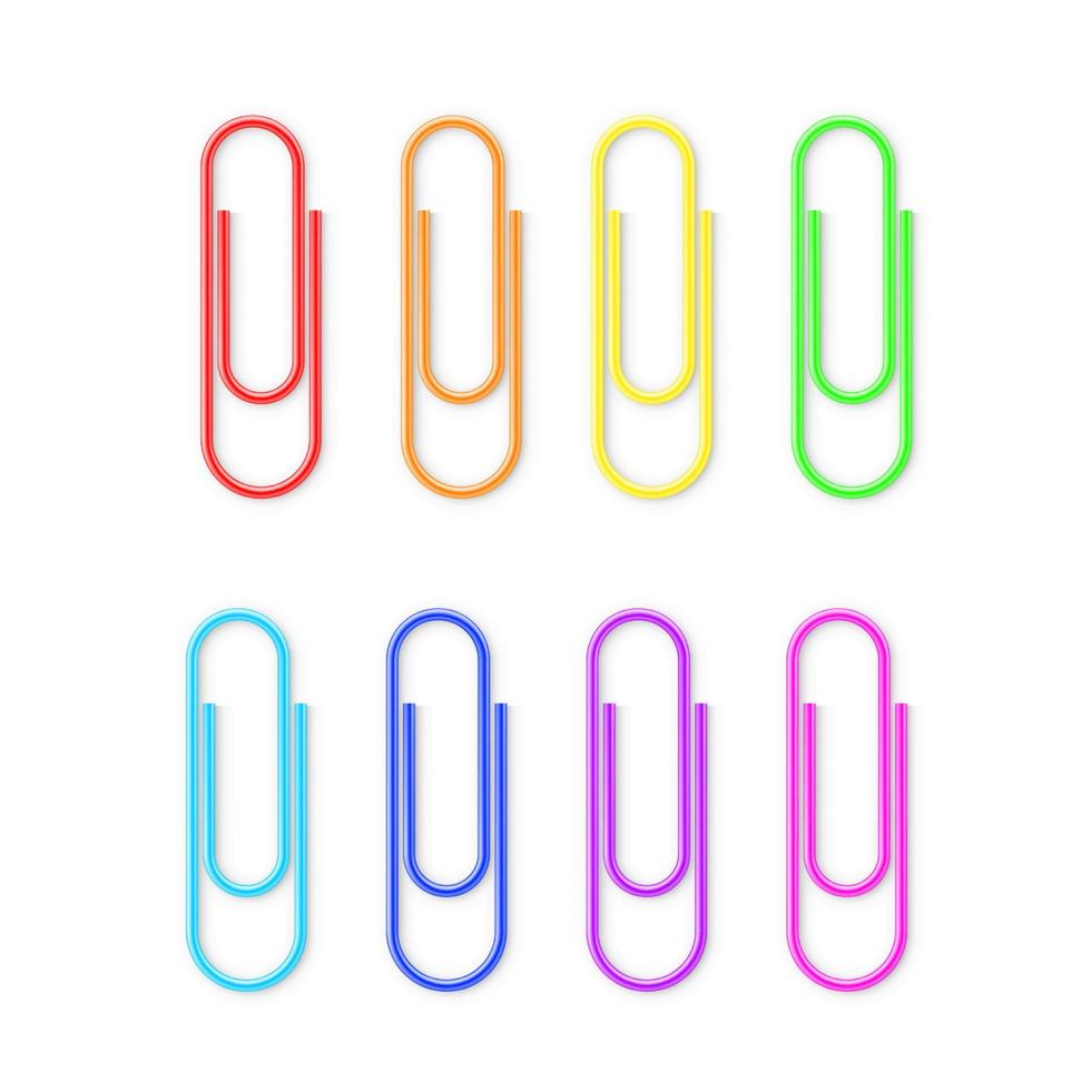 Realistic Colorful Paper Clip Attachment Set with shadow. Attach file business document. Paperclip icon. Vector illustration isolated on white background