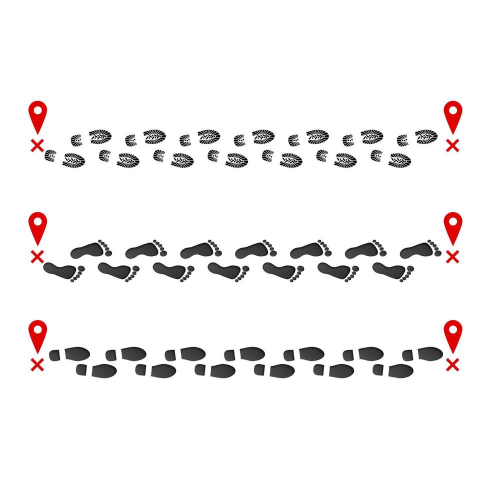 Footprint trail from start point to finish pin. Print of boots and barefoot. vector illustration isolated on white background