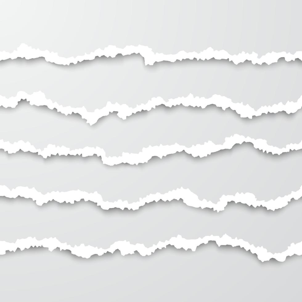 Set of horizontal seamless torn white paper wisps with soft shadow. Damaged cardboard borders. Vector illustration