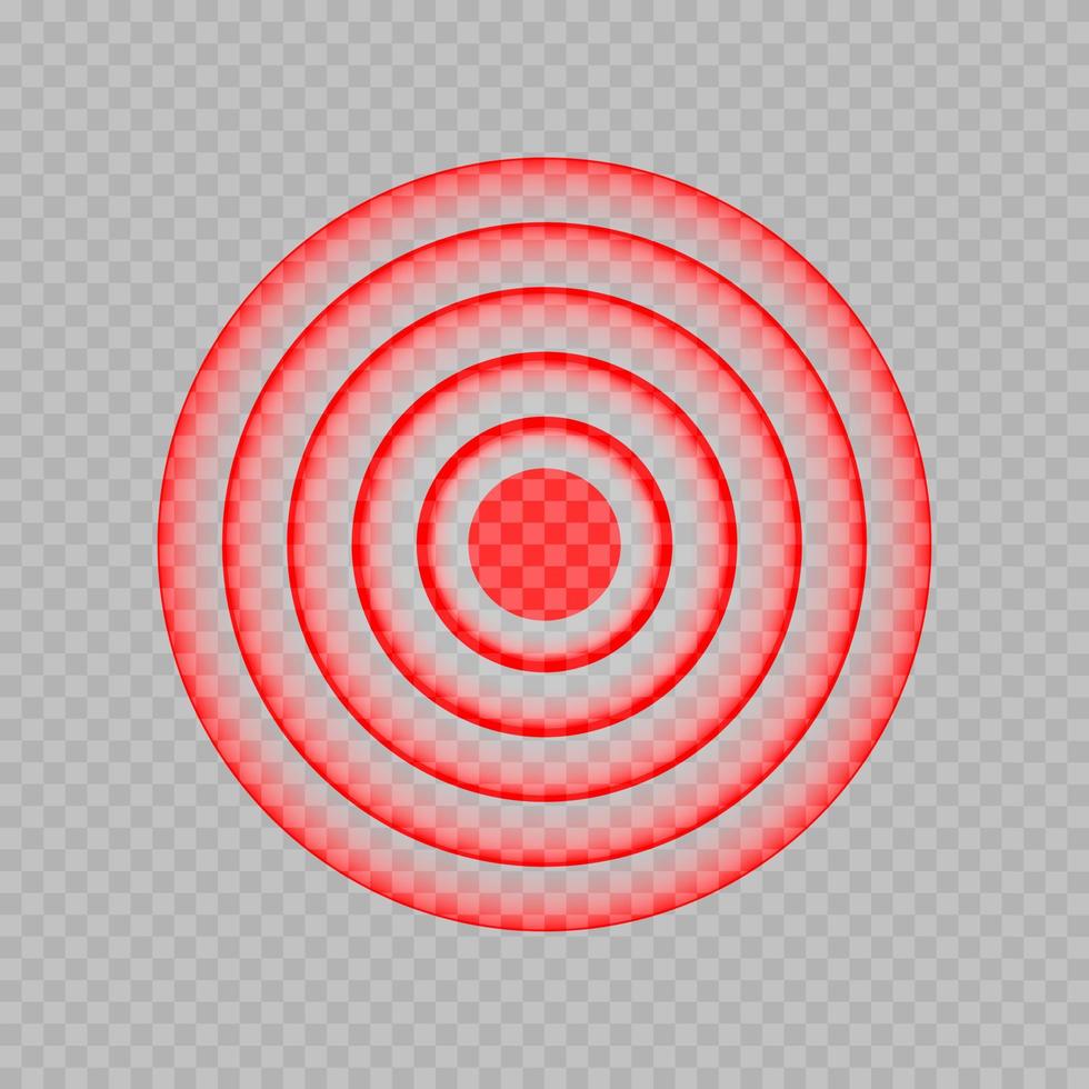 Template of red painful target spot. Pain circles. Sonar waves. Red rings of pain to indicate localization of ache. Vector illustration