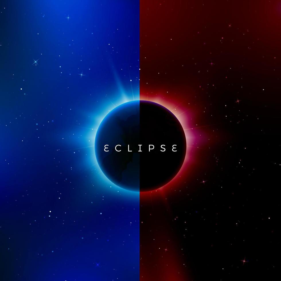 Solar eclipse. Astronomy effect - sun eclipse. Abstract astral universe background red and blue version. Rays of starlight burst out from behind the planet. Vector illustration