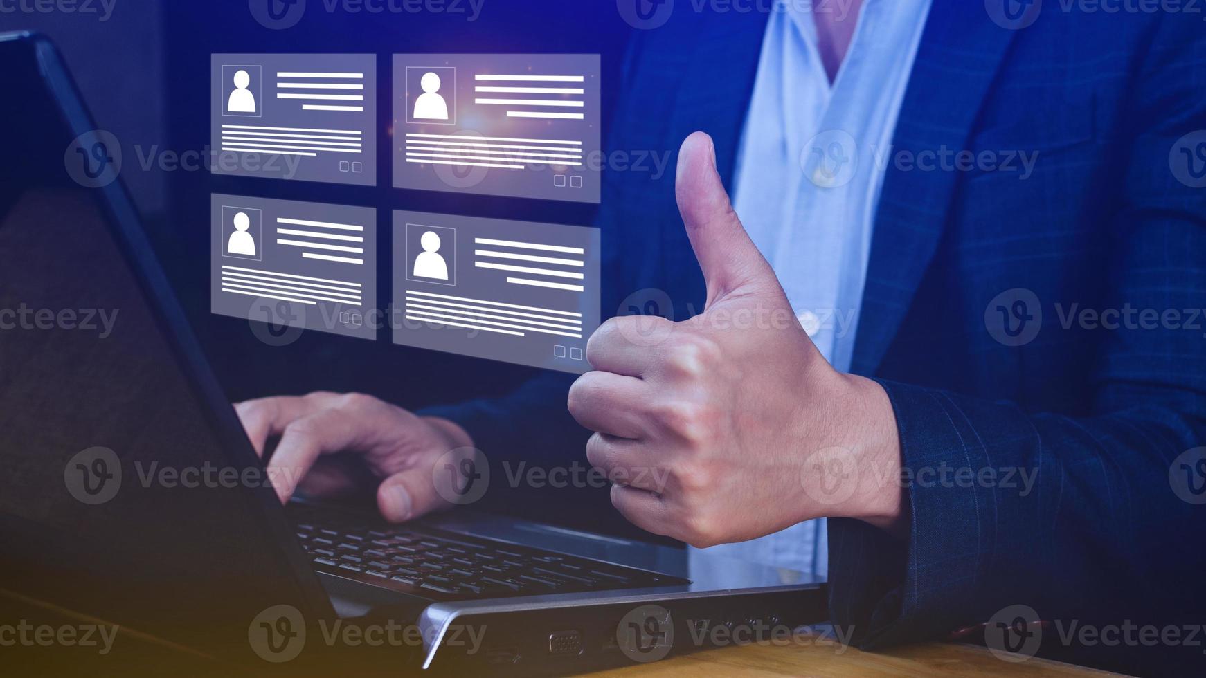 Human resources manager choosing professional profile to hire on virtual screen interface, recruitment concept. Businessman hand pointing icon resource HR management concept photo