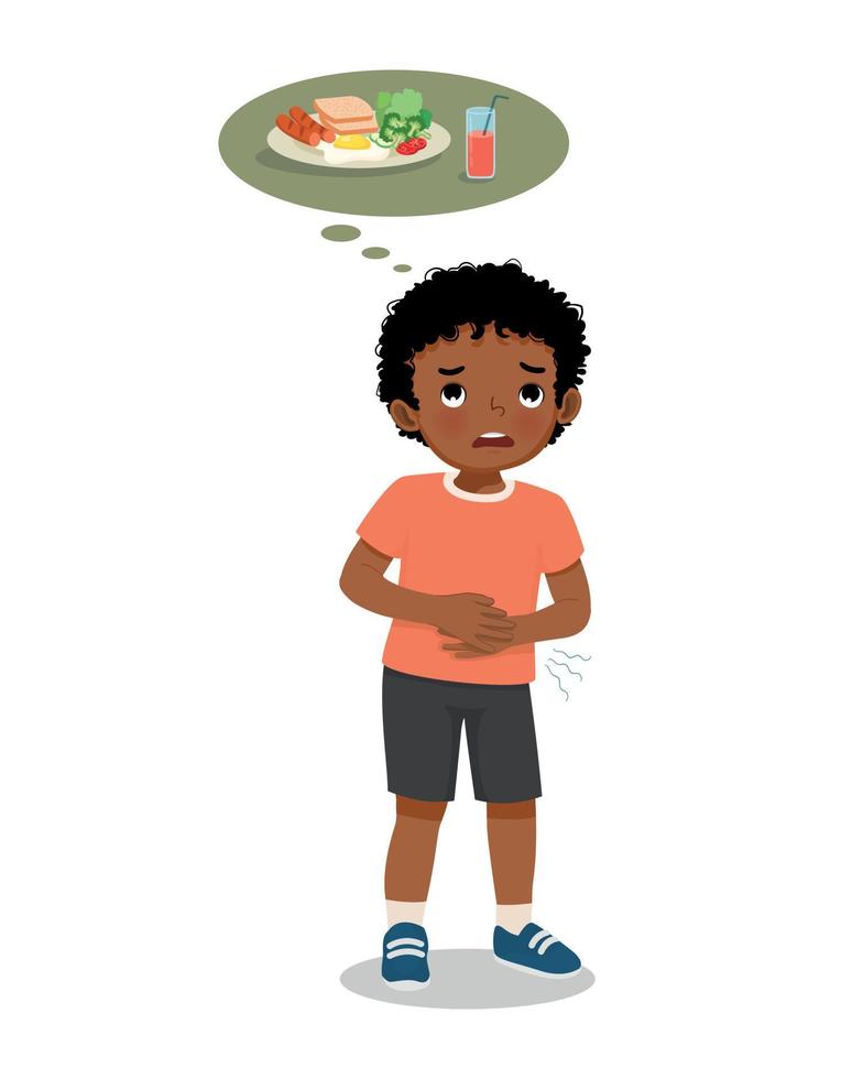 Cute little African boy feel hungry touching her stomach want to eat breakfast vector
