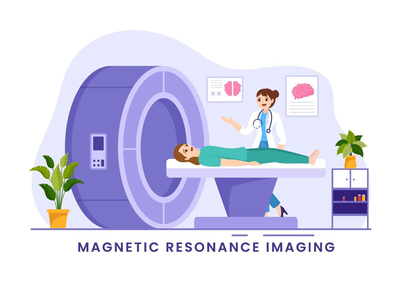 mri o magnético resonancia imagen ilustración con médico y paciente en médico examen y Connecticut escanear en plano dibujos animados mano dibujado plantillas vector