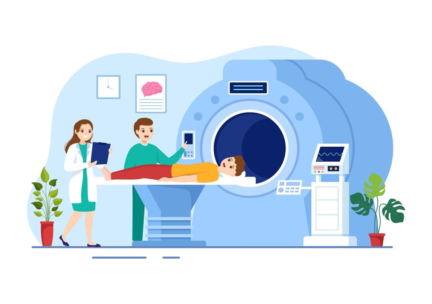 MRI or Magnetic Resonance Imaging Illustration with Doctor and Patient on Medical Examination and CT scan in Flat Cartoon Hand Drawn Templates vector