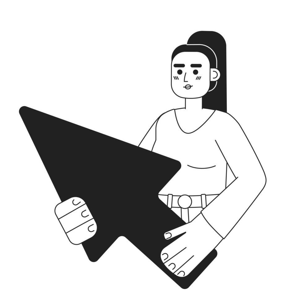 Female user with arrow cursor black and white concept vector spot illustration. Editable 2D flat monochrome cartoon character for web design. Creative line art idea for website, mobile, blog