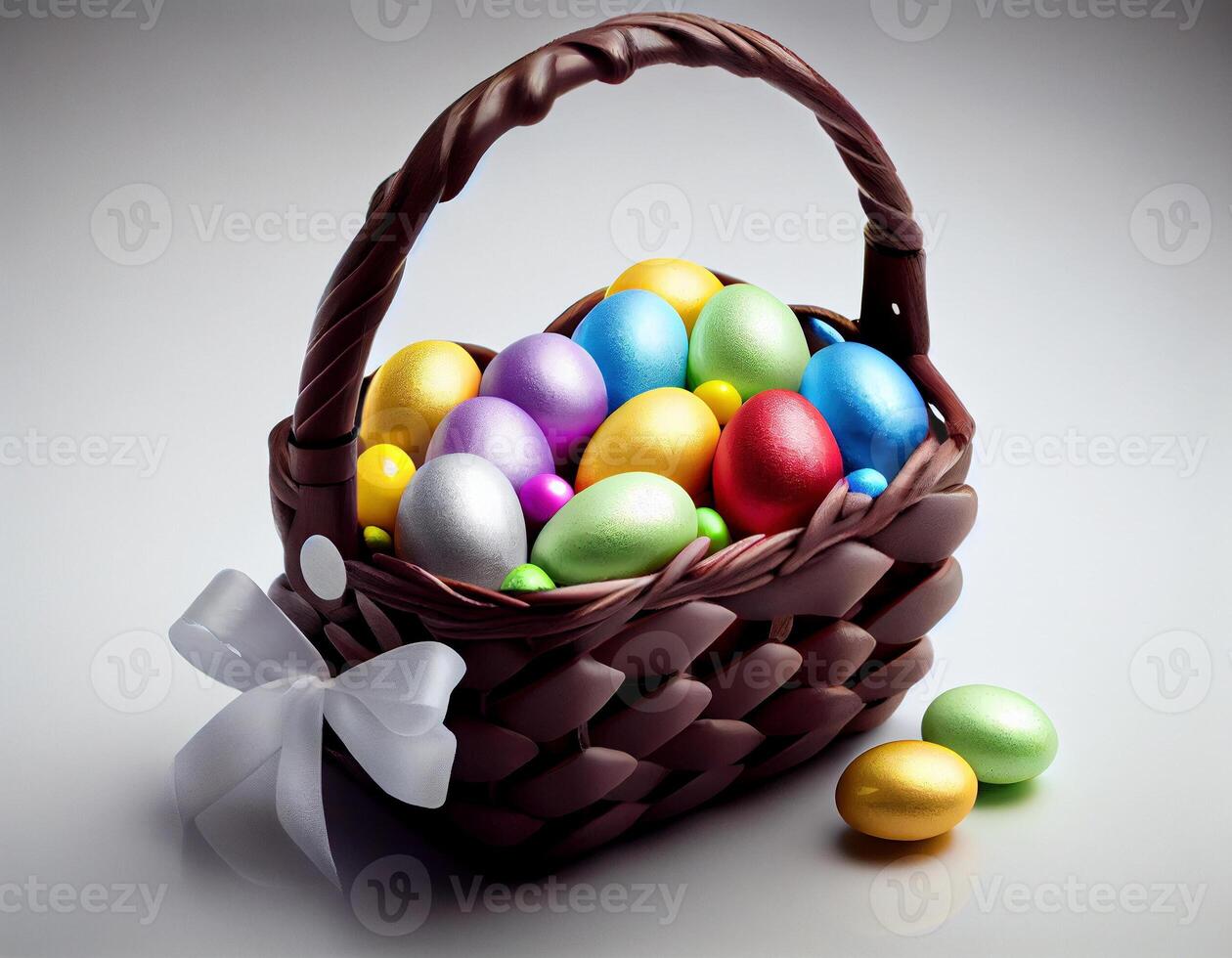 Easter basket full of colorful eggs, created with photo