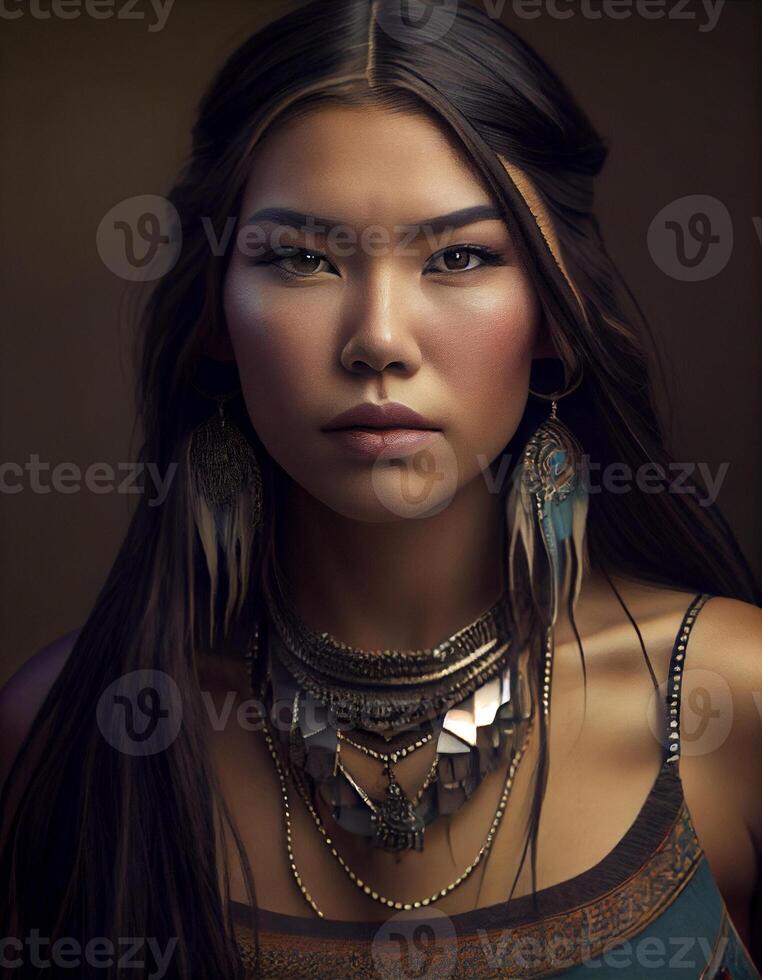 Beautiful native American woman, created with photo