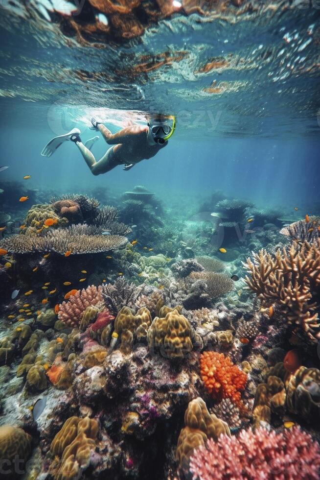 tubo respirador buceo a tropical coral arrecife, creado con generativo ai foto