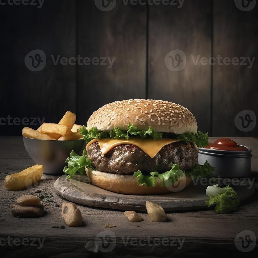 delicioso hamburguesa en el mesa, creado con generativo ai foto