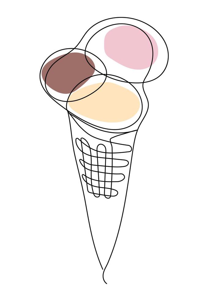 Ice cream in a cone in the style of one line. Three scoops of ice cream. Design for cafe restaurants, posters, flyers, menus. vector